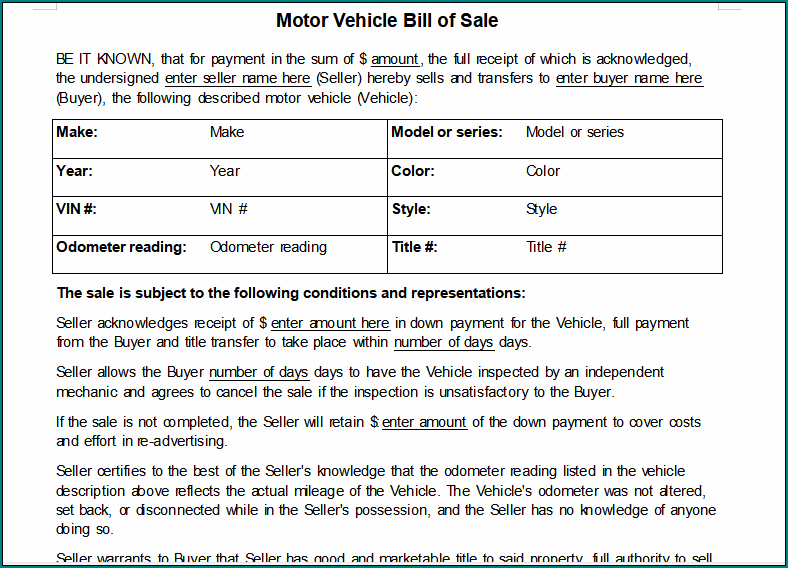 Automobile Bill Of Sale