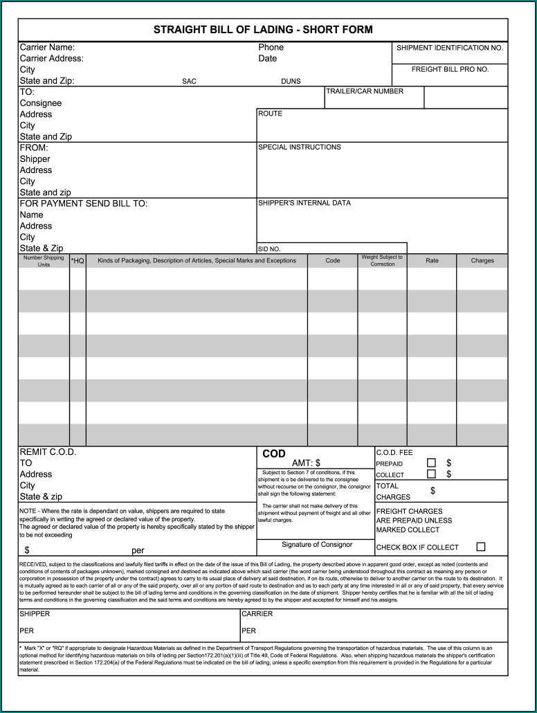 Blank Bill Of Lading Template Sample