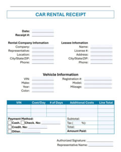 Blank Car Rental Receipt Template