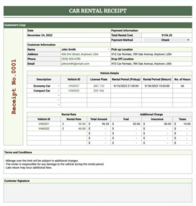 Blank Car Rental Receipt Template