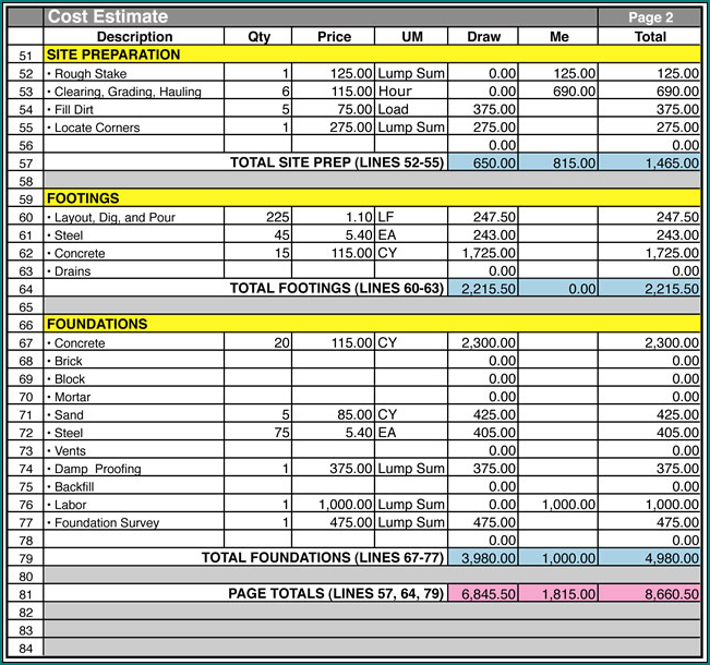 Construction Cost Estimate Template Excel Sample
