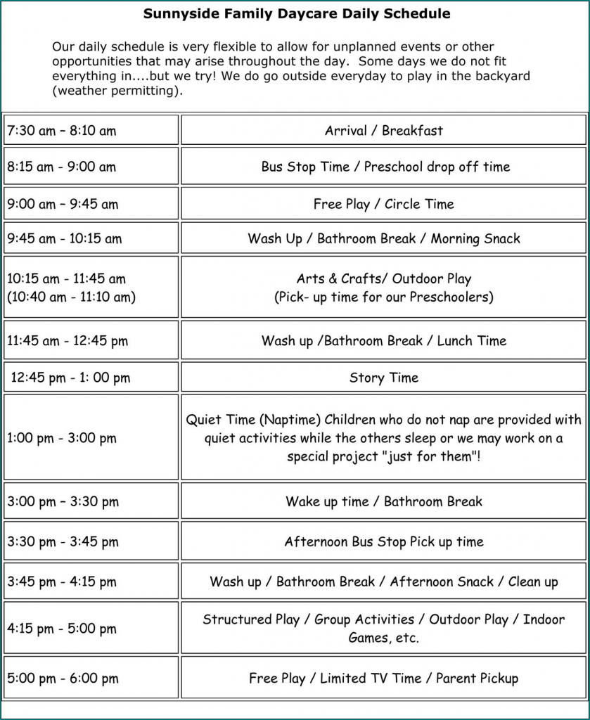  Free Printable Daycare Schedule Template
