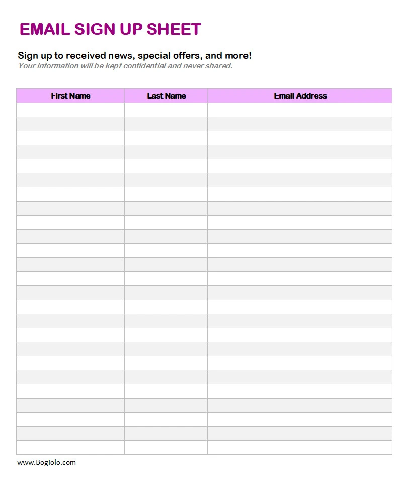 Email Sign Up Sheet Template Blank Simple Email Sign-Up Sheet Template Excel