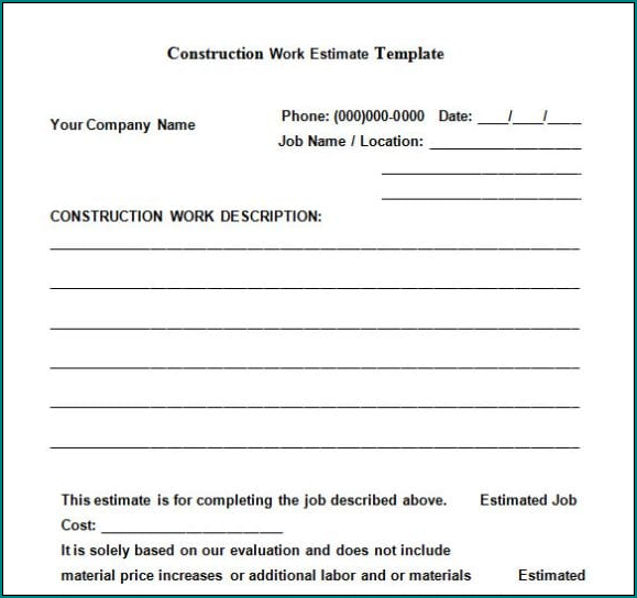 Estimate Sheets For Contractors Example