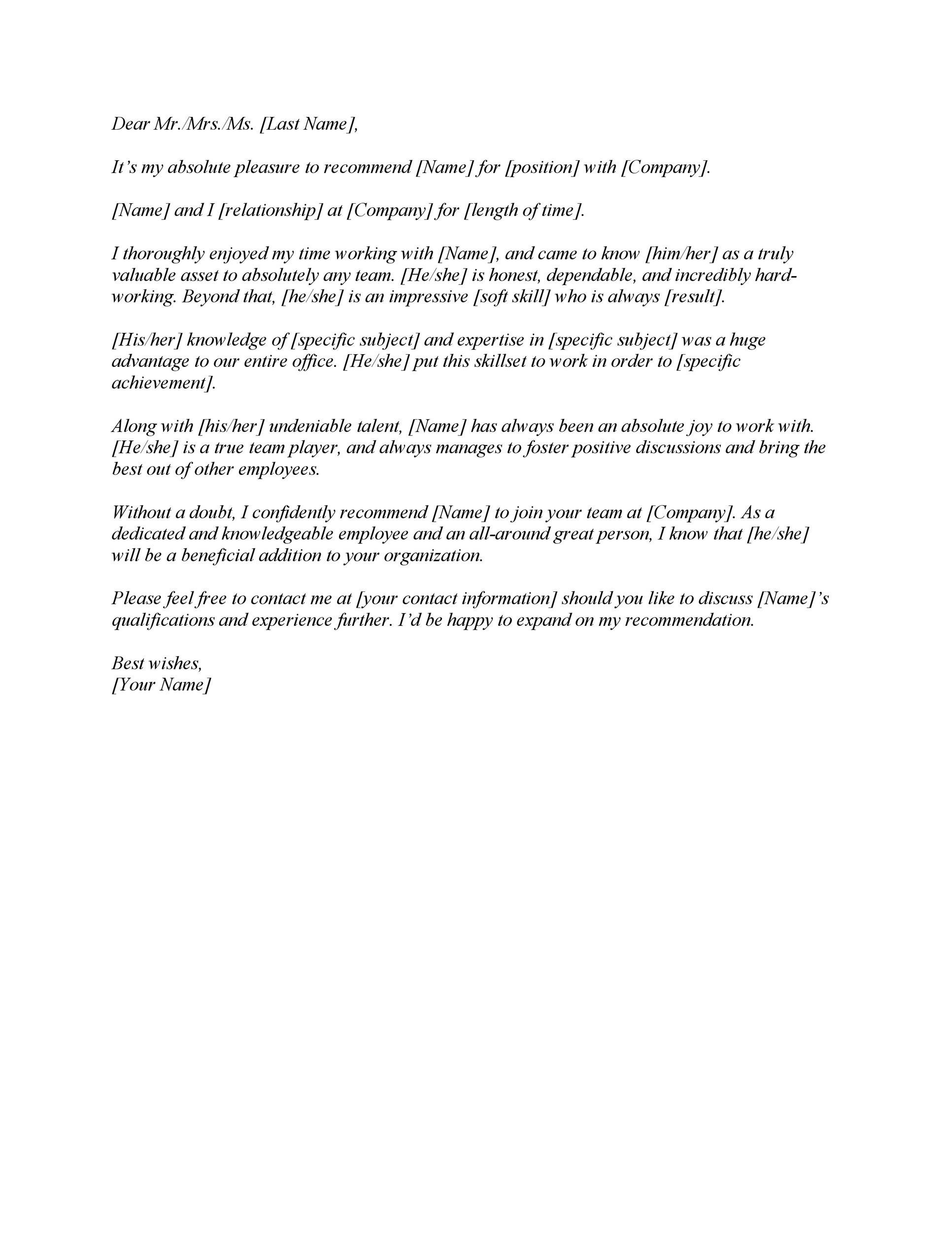 Example Personal Letter of Recommendation Template Example Personal Letter of Recommendation Template