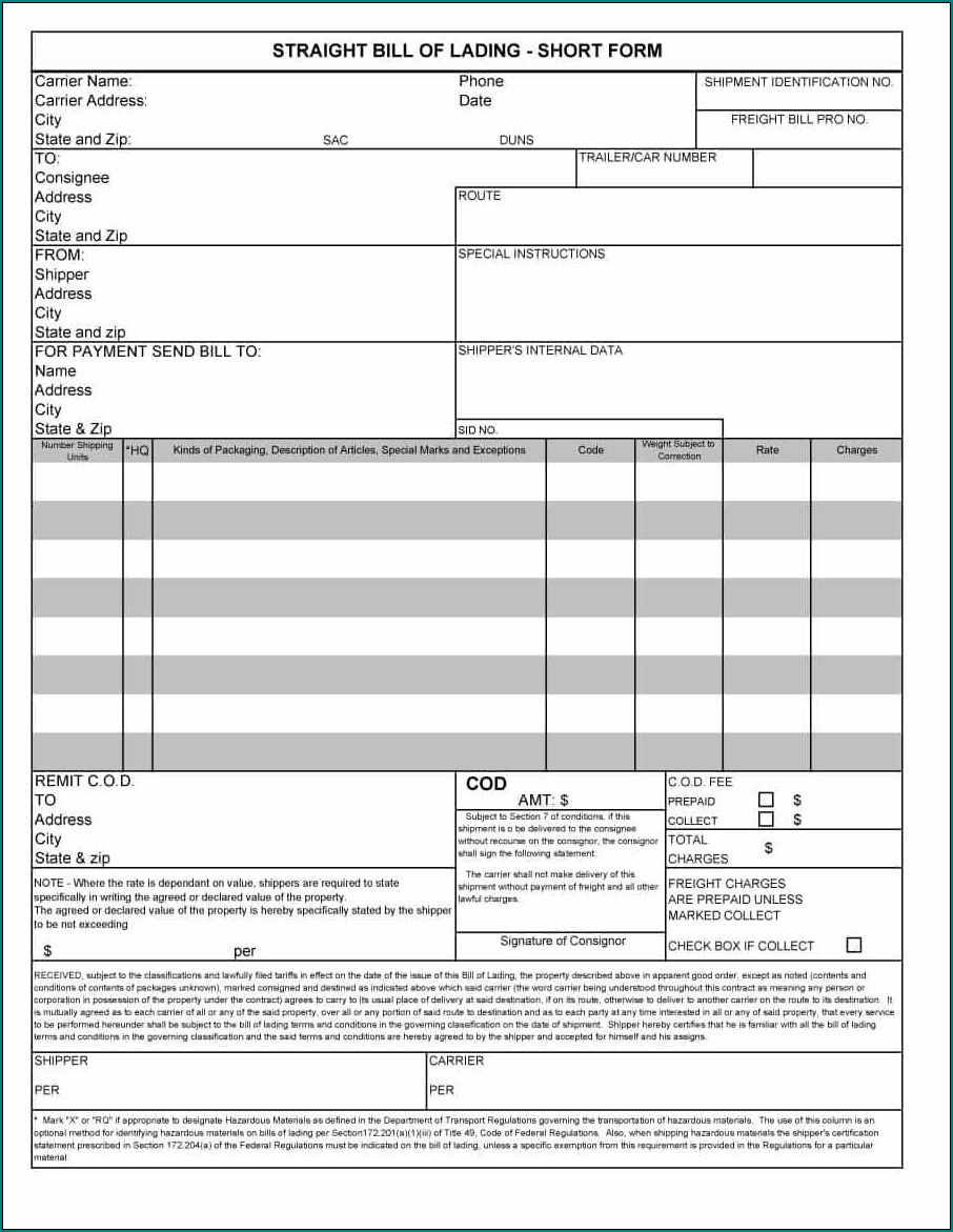 Example of Blank Bill Of Lading Template