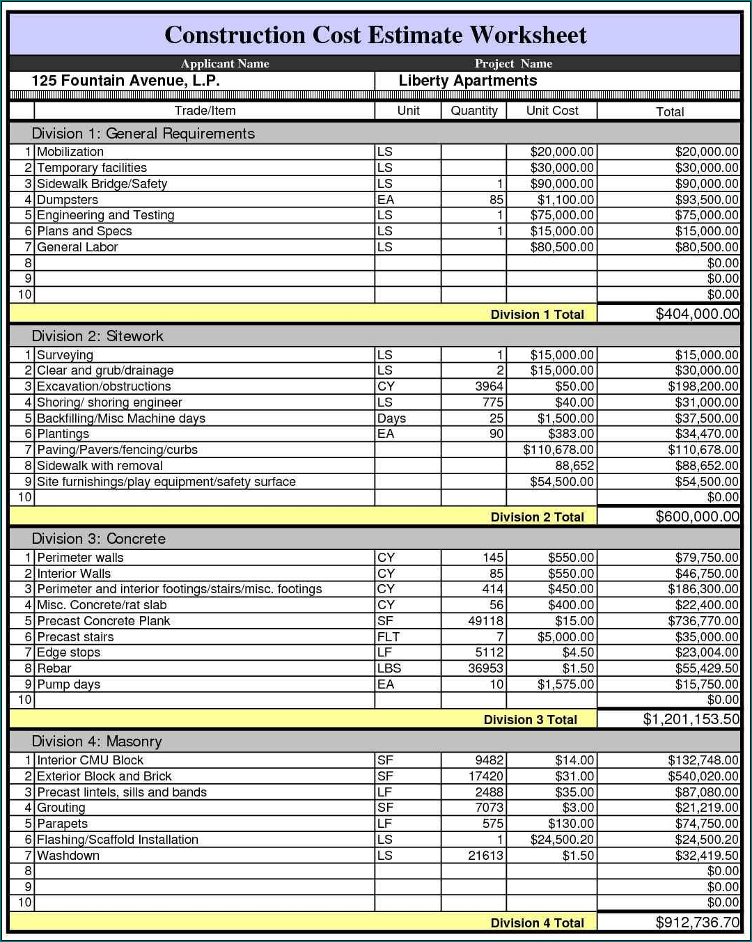 Example of Construction Cost Estimate Template Excel