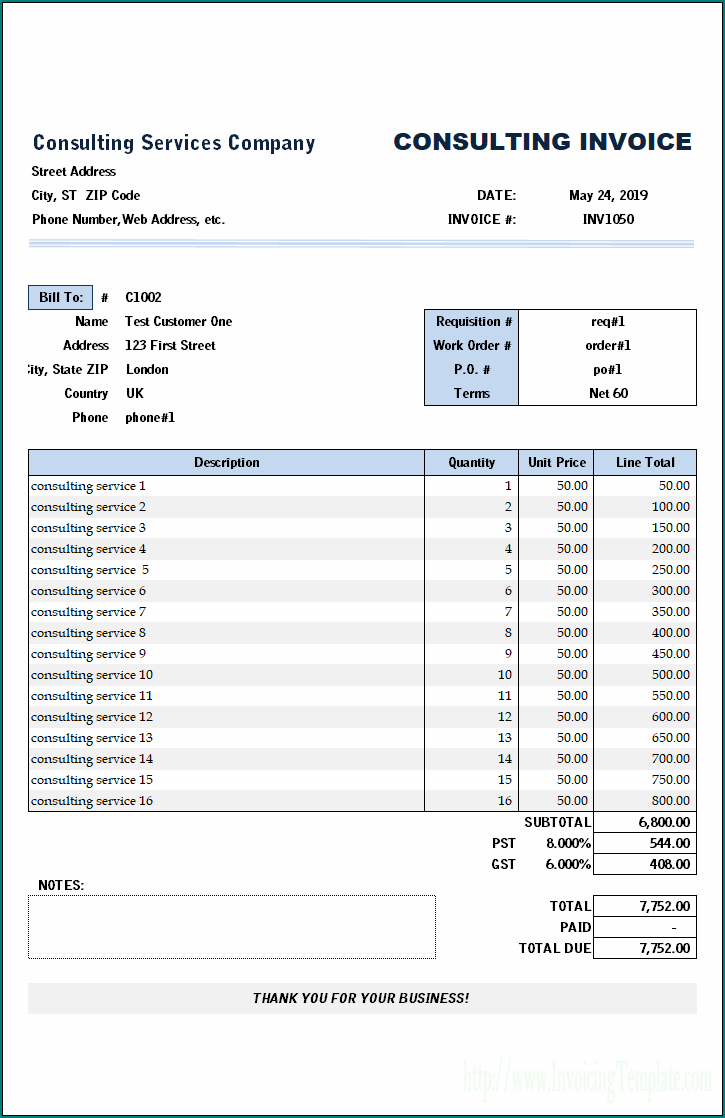 Example of Consultant Service Invoice Template