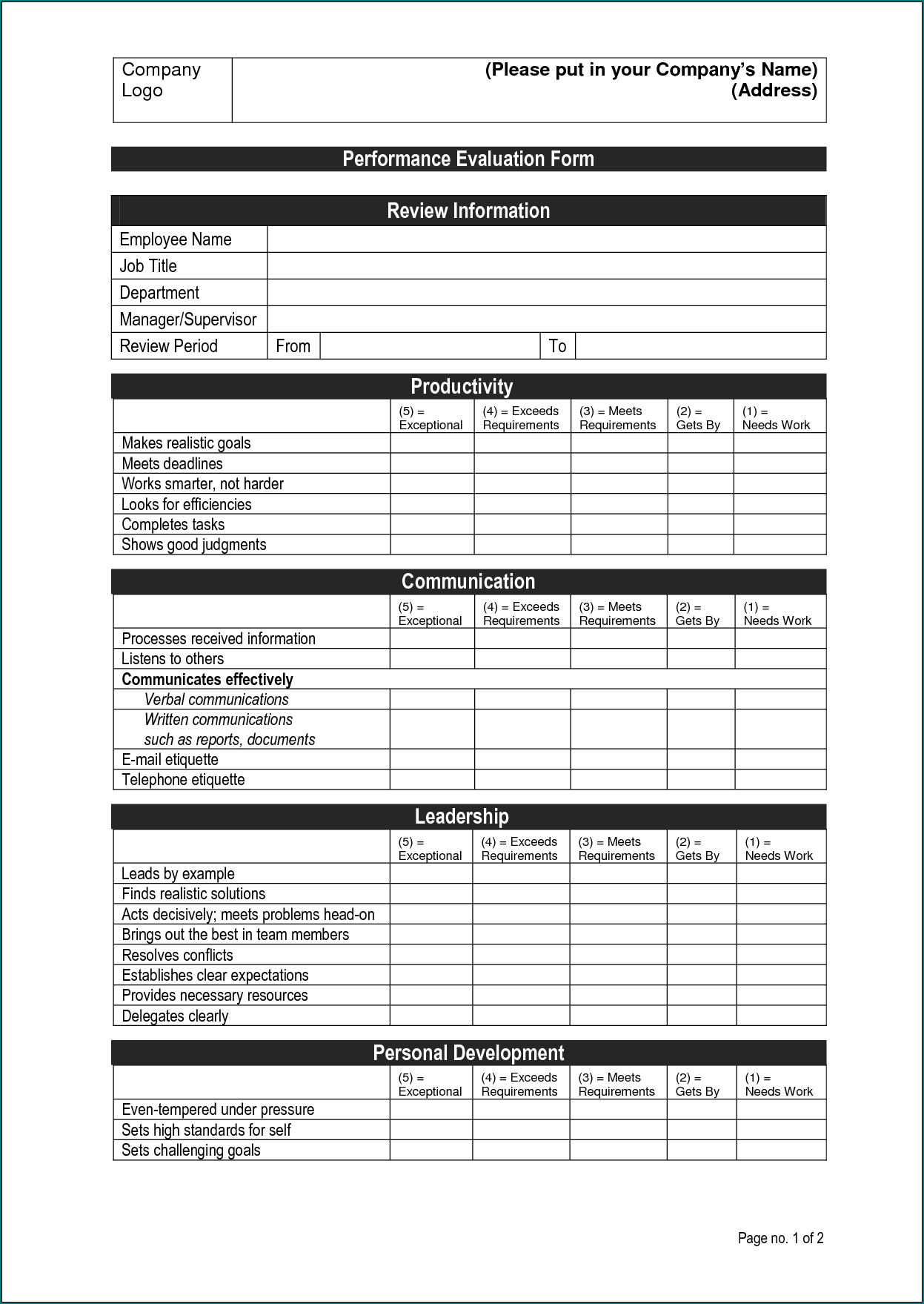 Example of Employee Performance Review Template