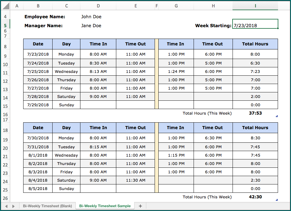Example of Employee Time Tracking Excel