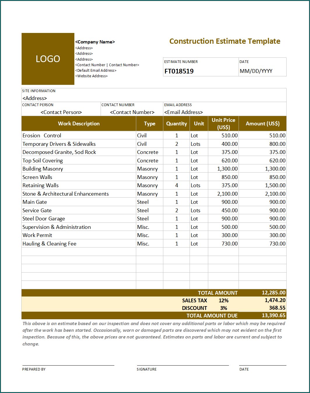 Example of Estimate Sheets For Contractors