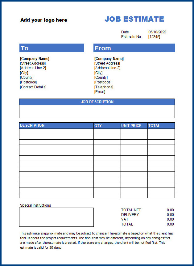 Example of Job Estimate Template