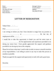 Example of Job Resignation Letter Template