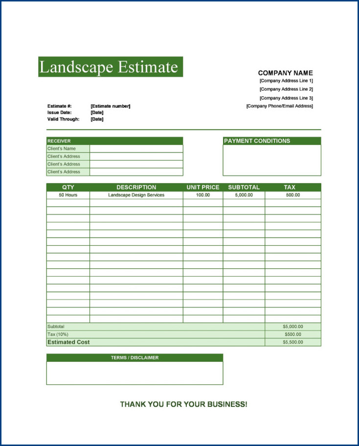 Example of Landscape Estimate Template