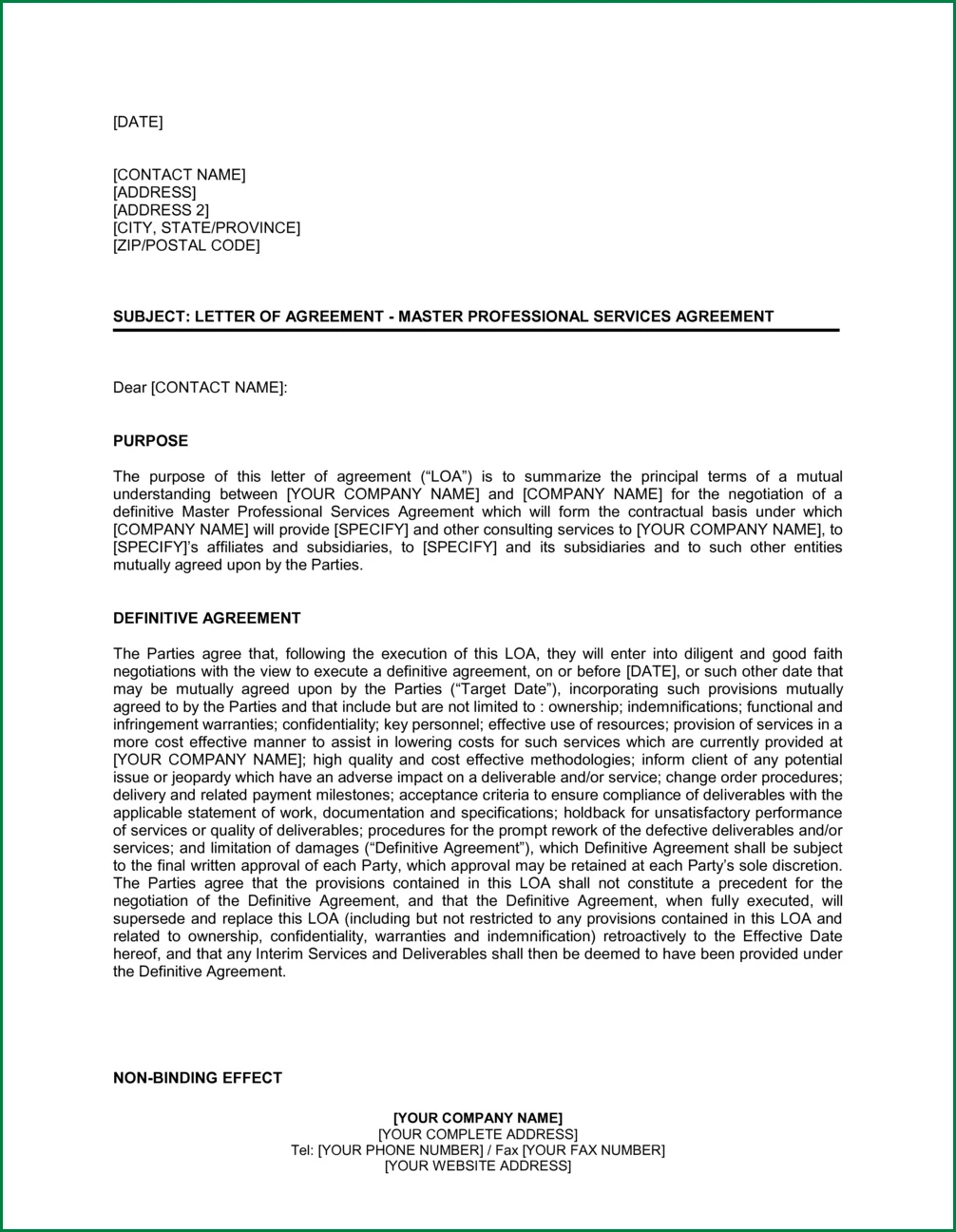 Example of Letter of Agreement Template