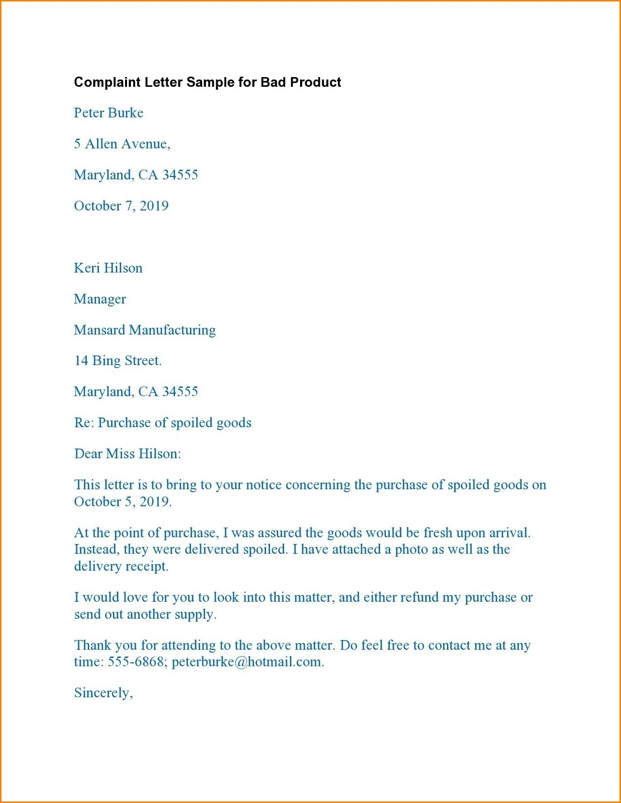 Example of Letter of Complaint Template