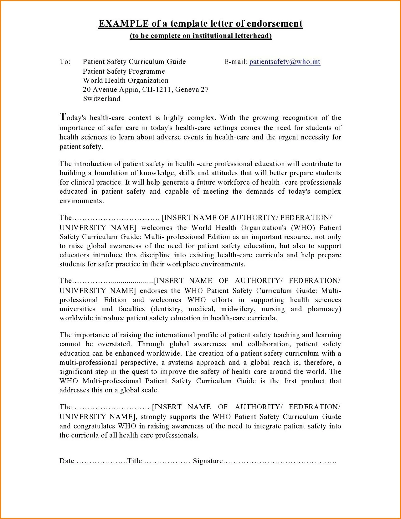 Example of Letter of Endorsement Template