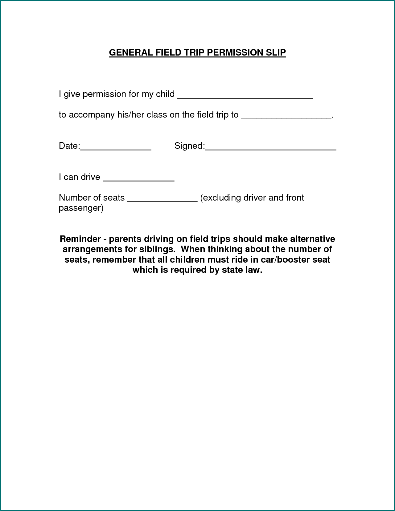 Example of Permission Slip For School Trip