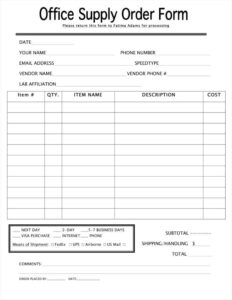 Example of Printable Supply Order Sheet Template