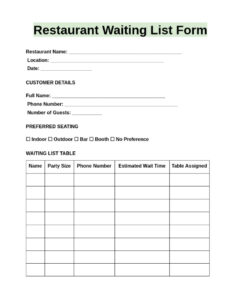 Example of Restaurant Waiting List Template