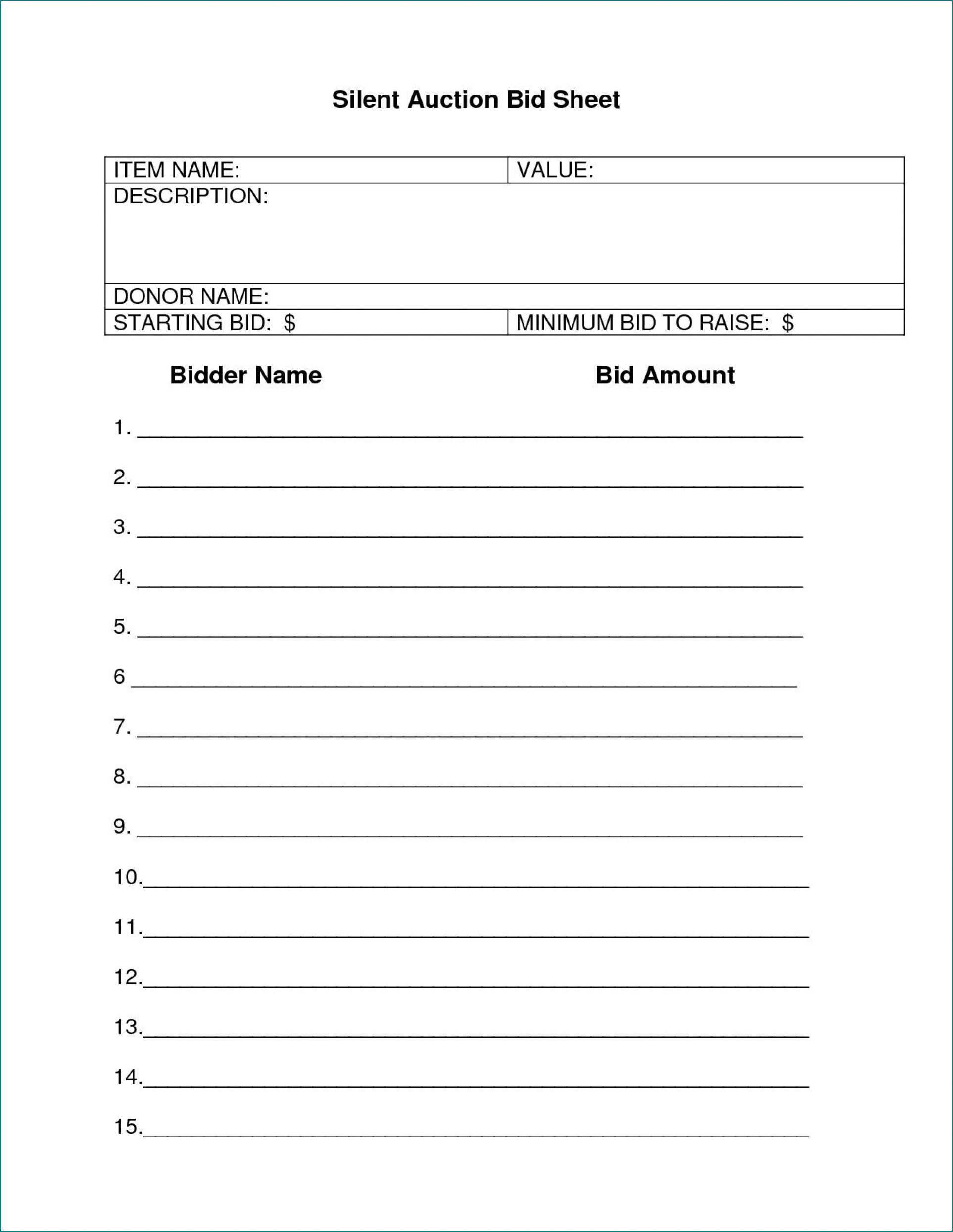 Example of Silent Auction Bid Sheet Template
