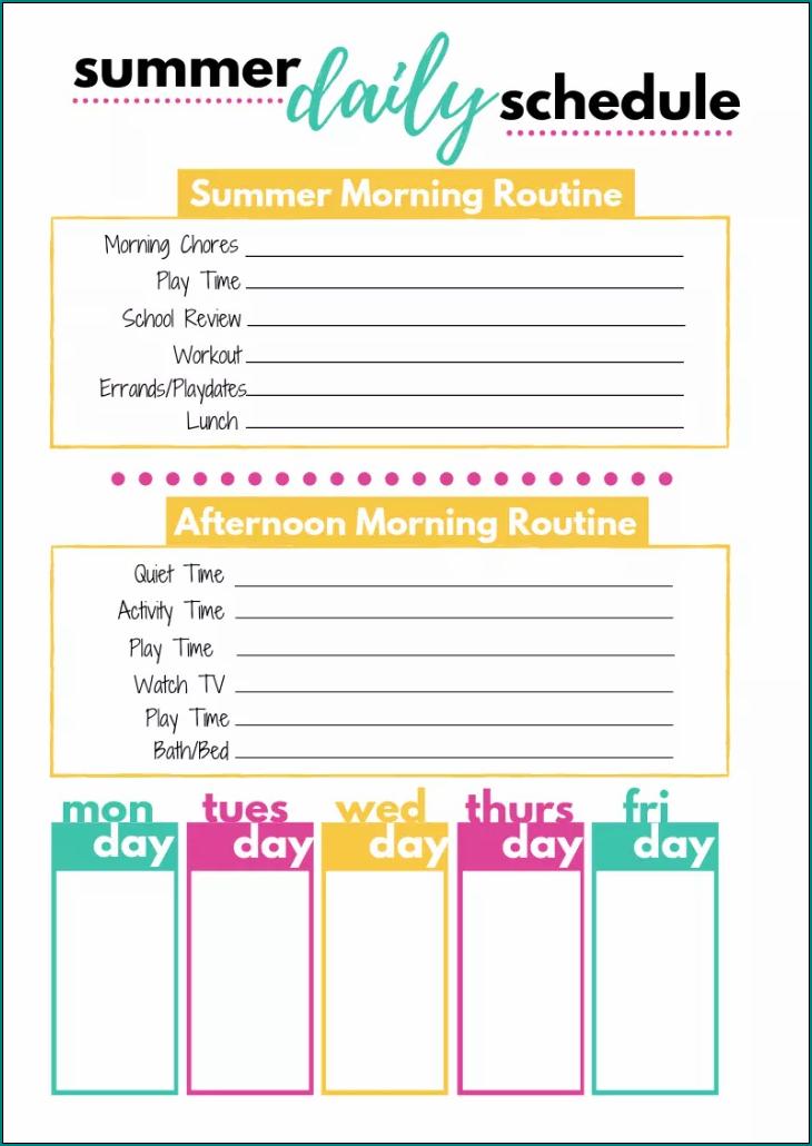 Example of Summer Daily Schedule Template