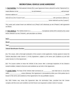 Example of Travel Trailer Rental Agreement Template