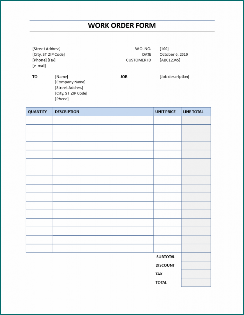 》Free Printable Work Order Form Template