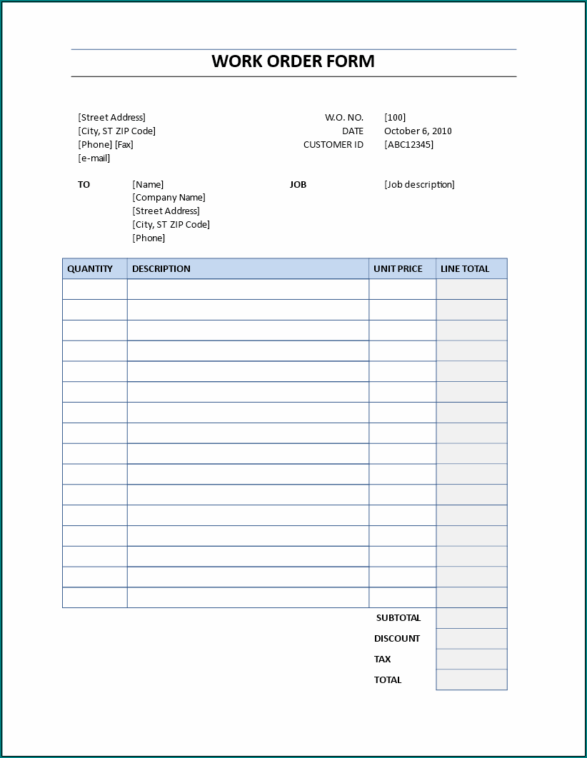 Example of Work Order Form Template
