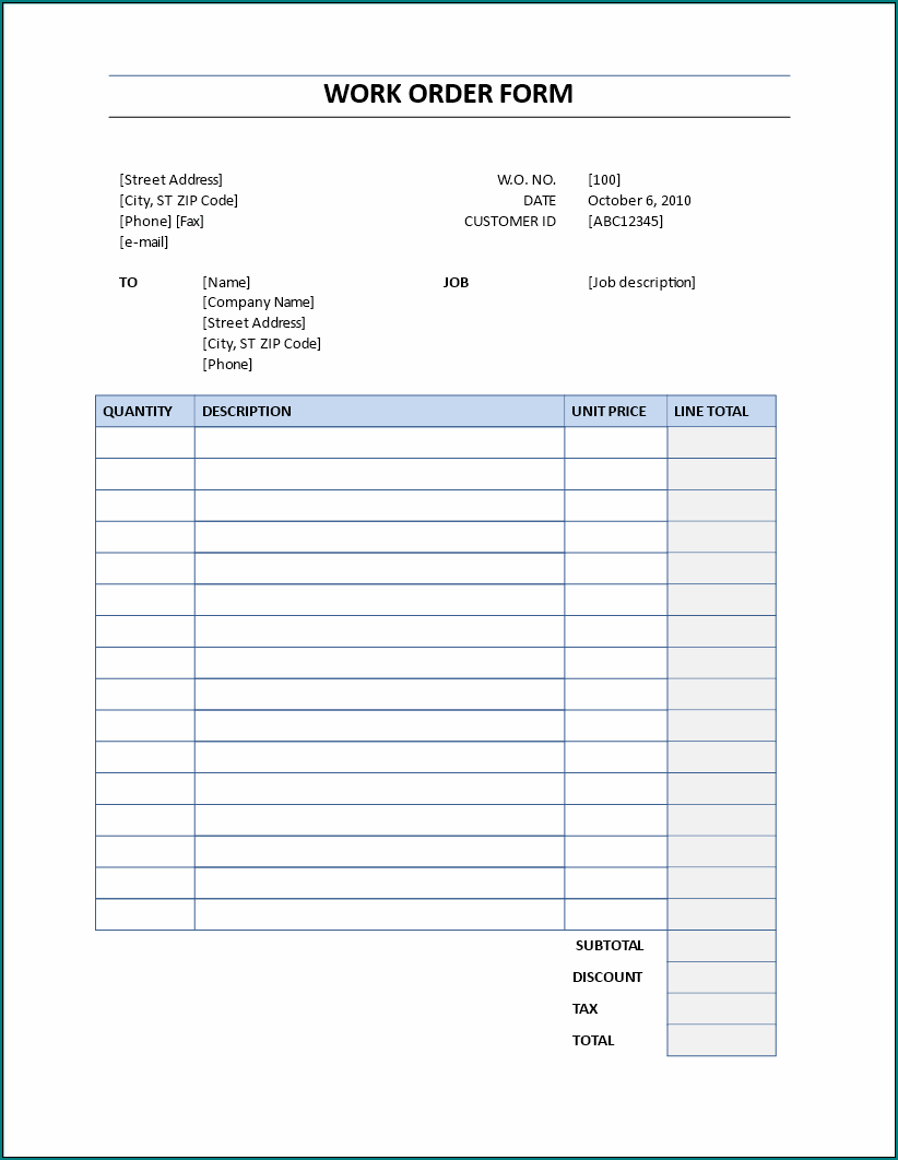  Free Printable Work Order Form Template