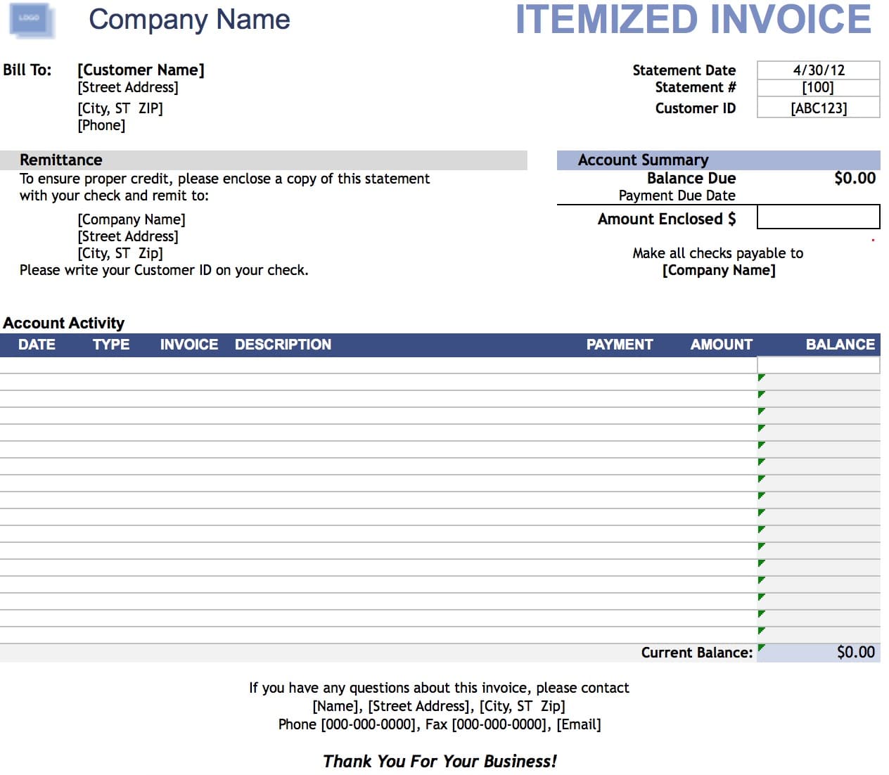 Itemized Invoice Template Example