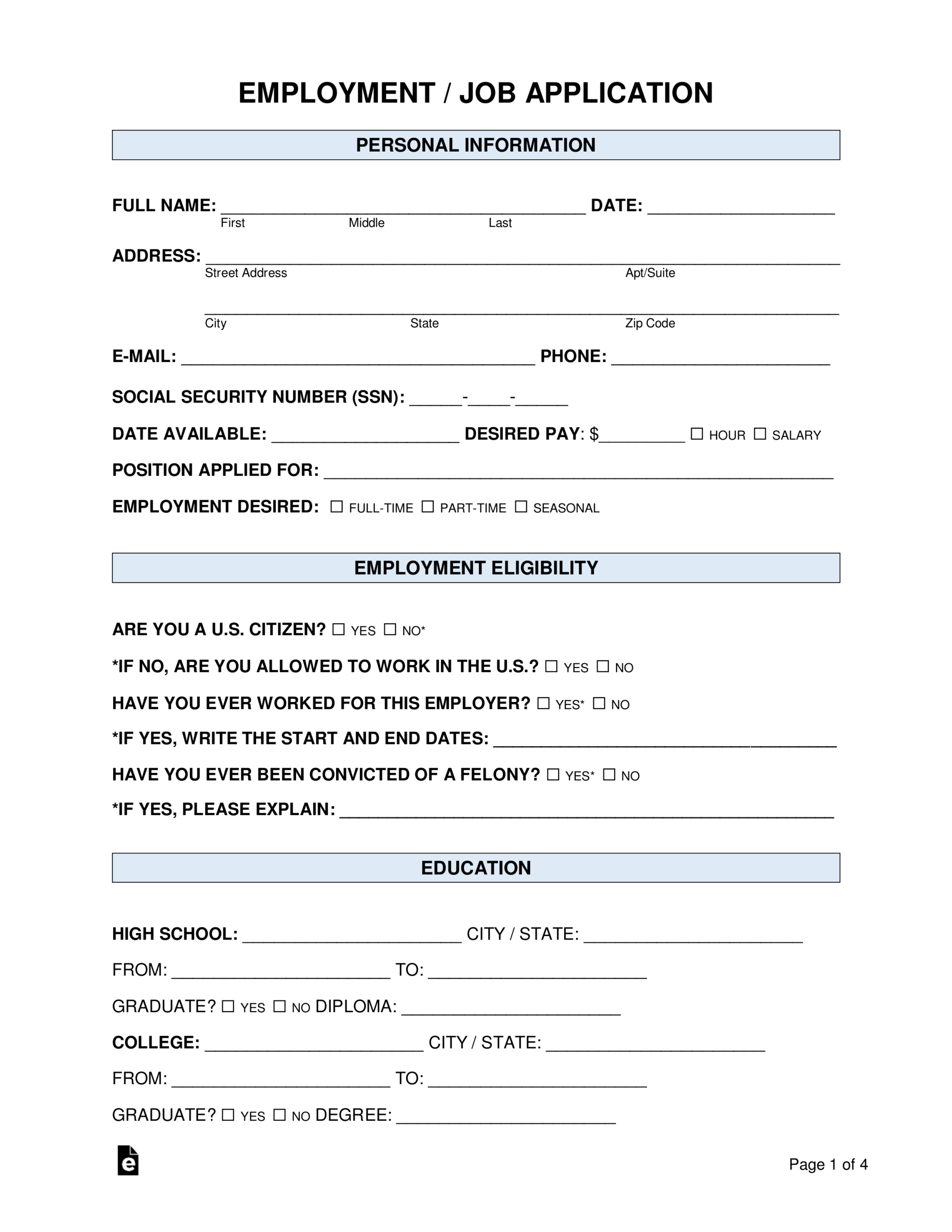 Job Employment Application Template Example