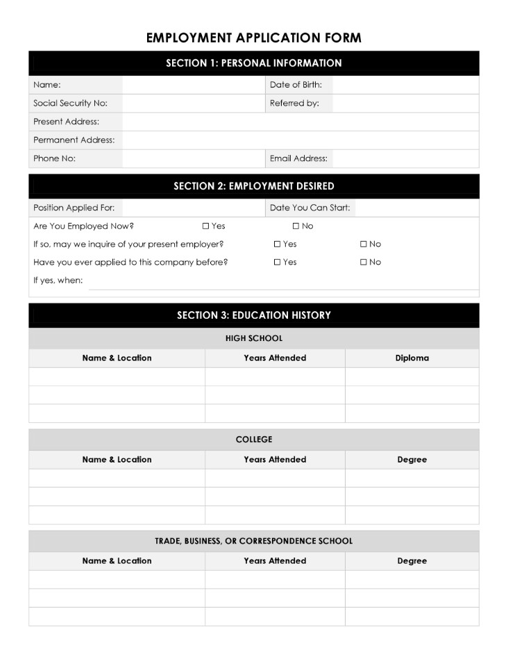 Job Employment Application Template Sample