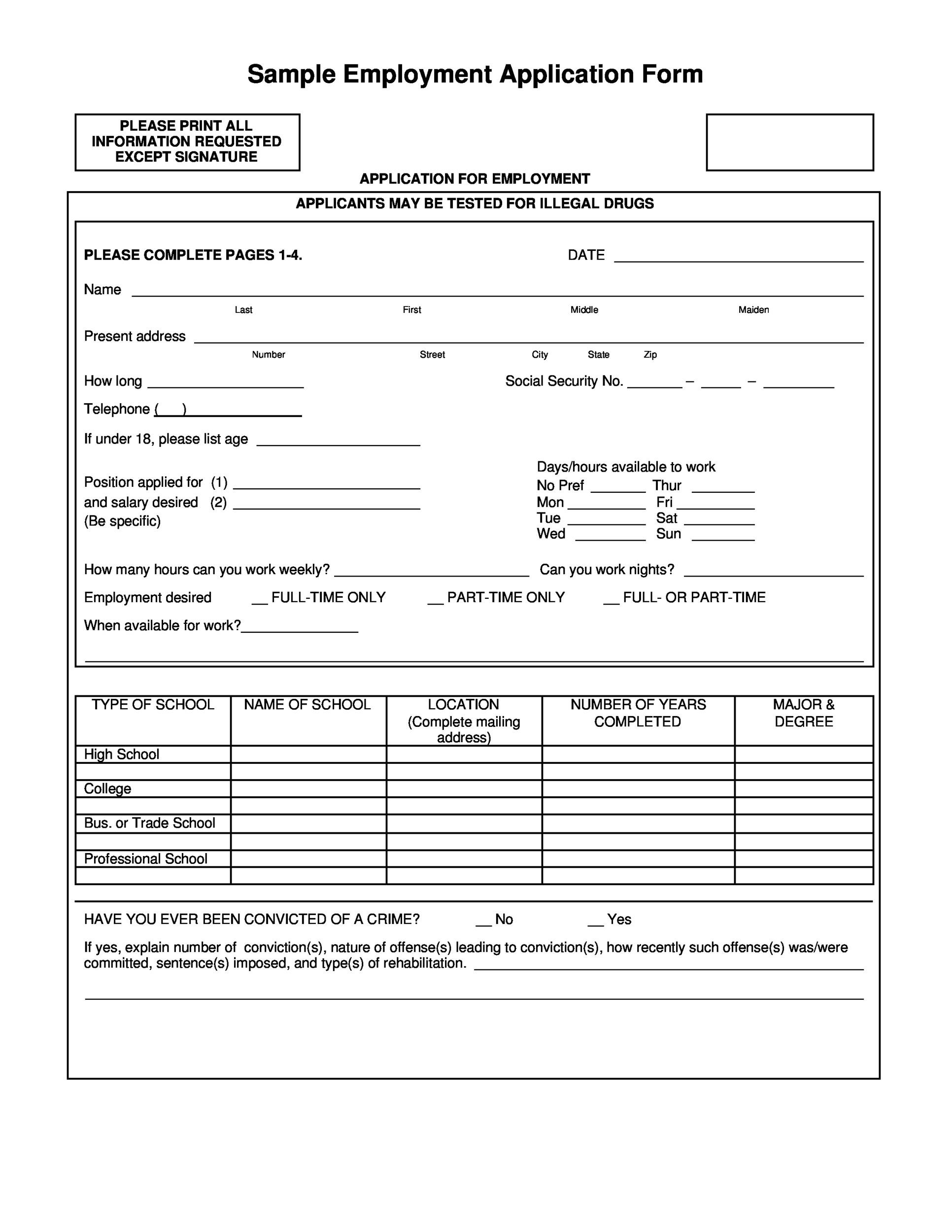 Job Employment Application Template