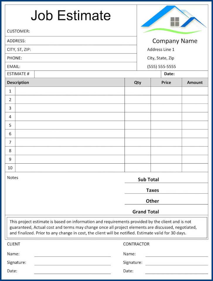 Job Estimate Template Example