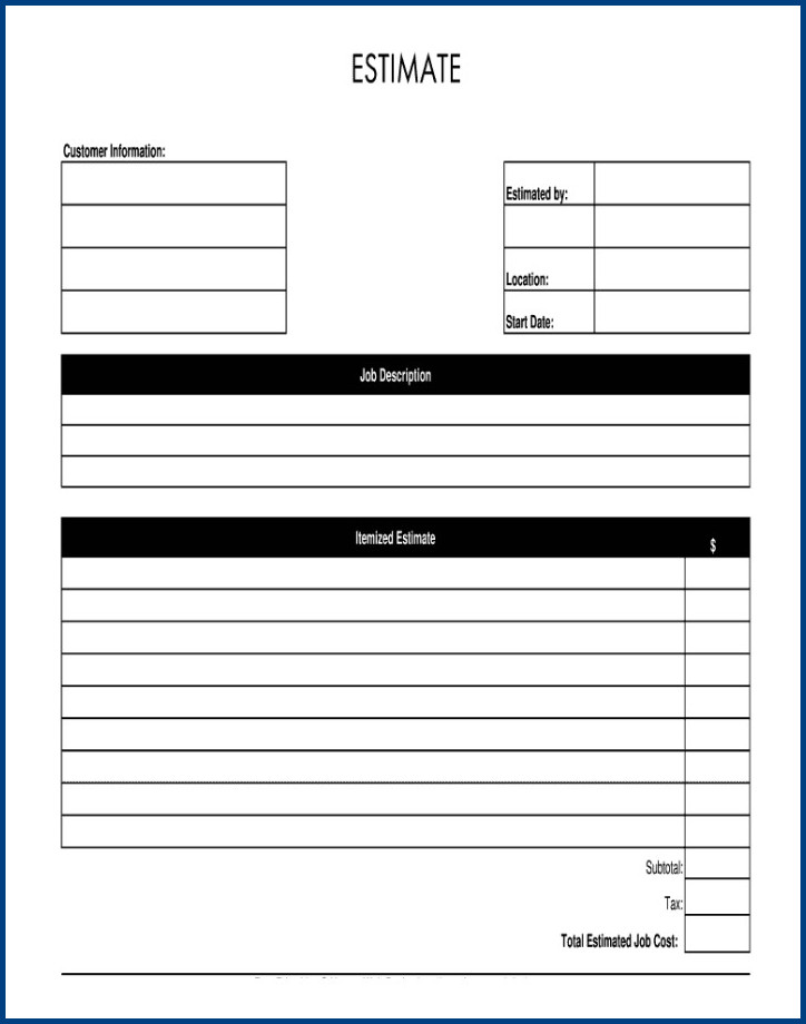 Job Estimate Template Sample