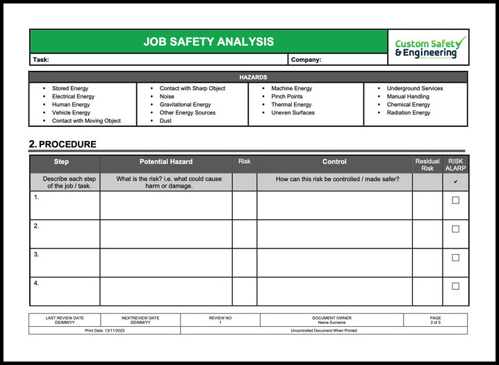 Job Safety Analysis Template Example