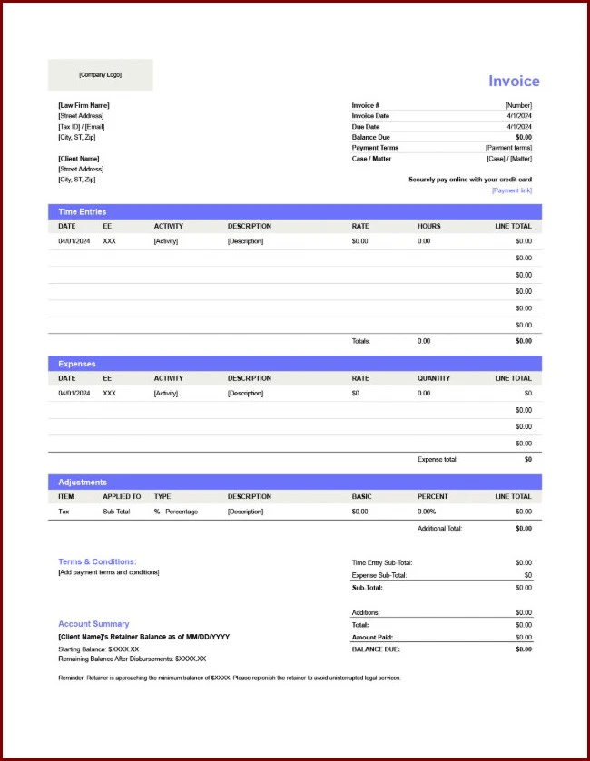 Law Firm Invoice Template Example