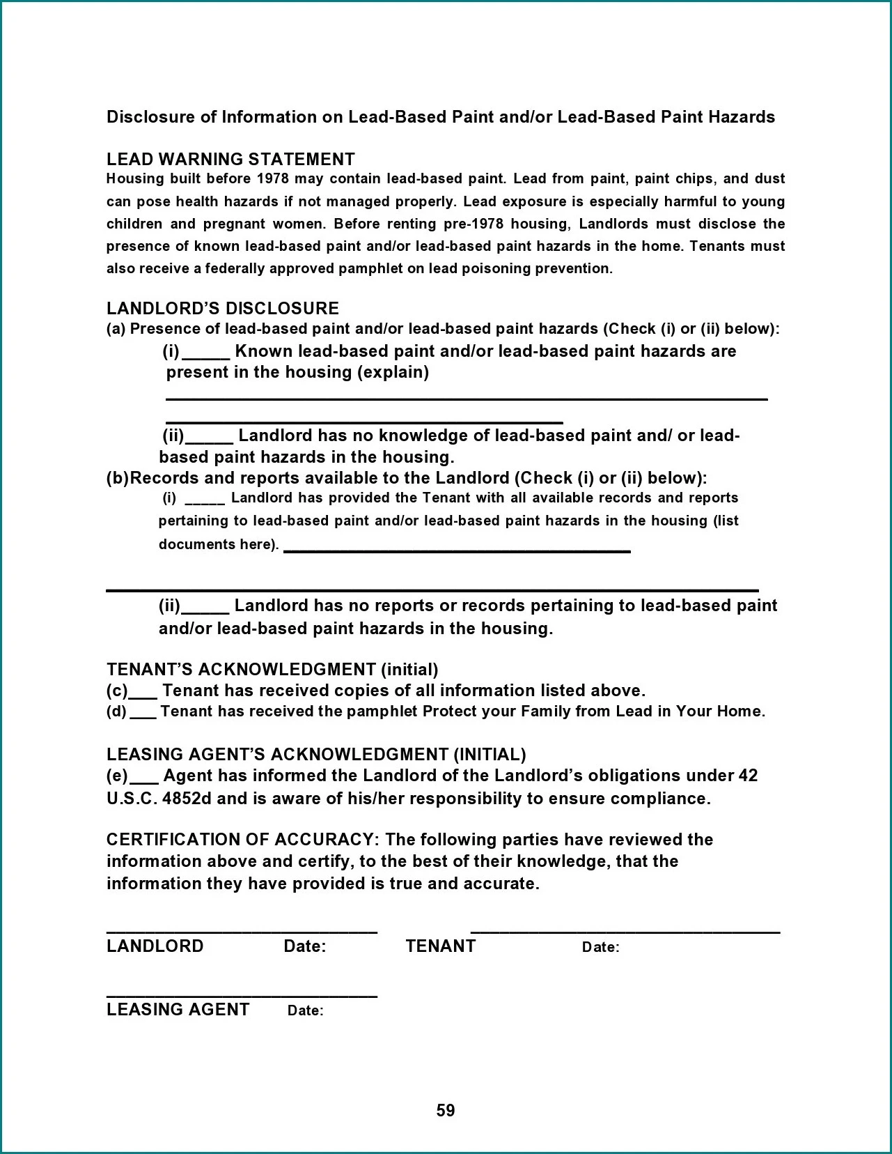Lead Based Paint Disclosure Form Example