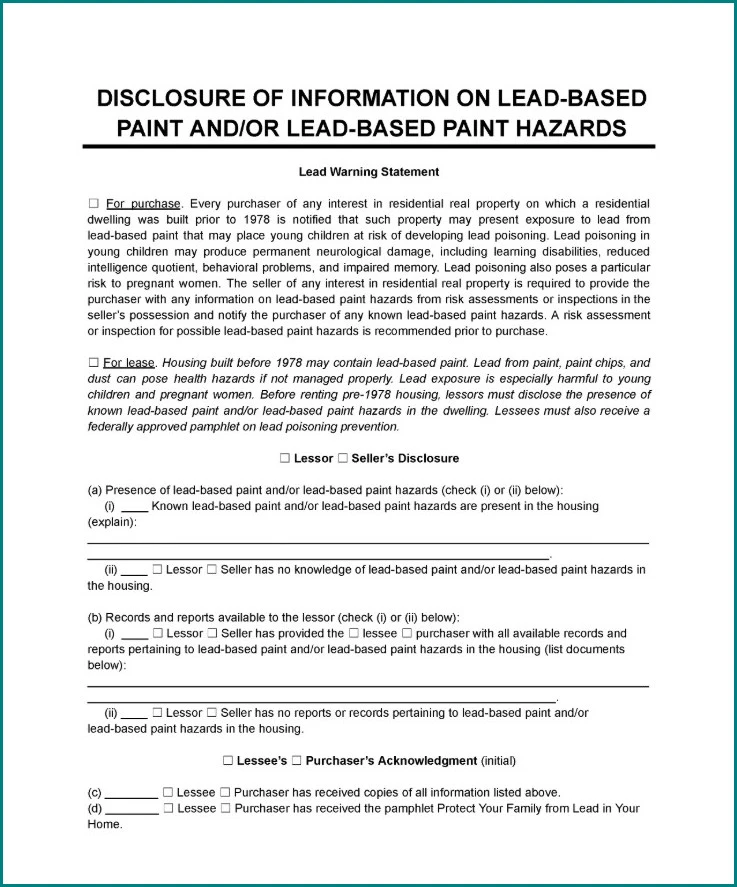 Lead Based Paint Disclosure Form Sample