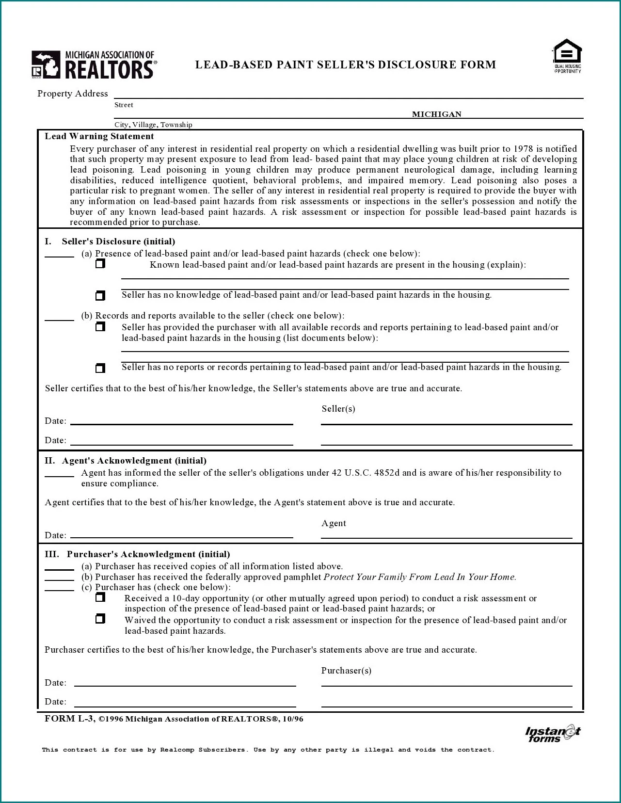 Lead Based Paint Disclosure Form