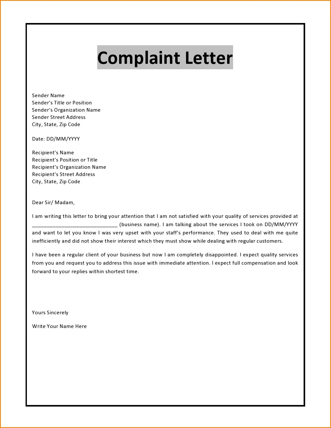 Letter of Complaint Template Example