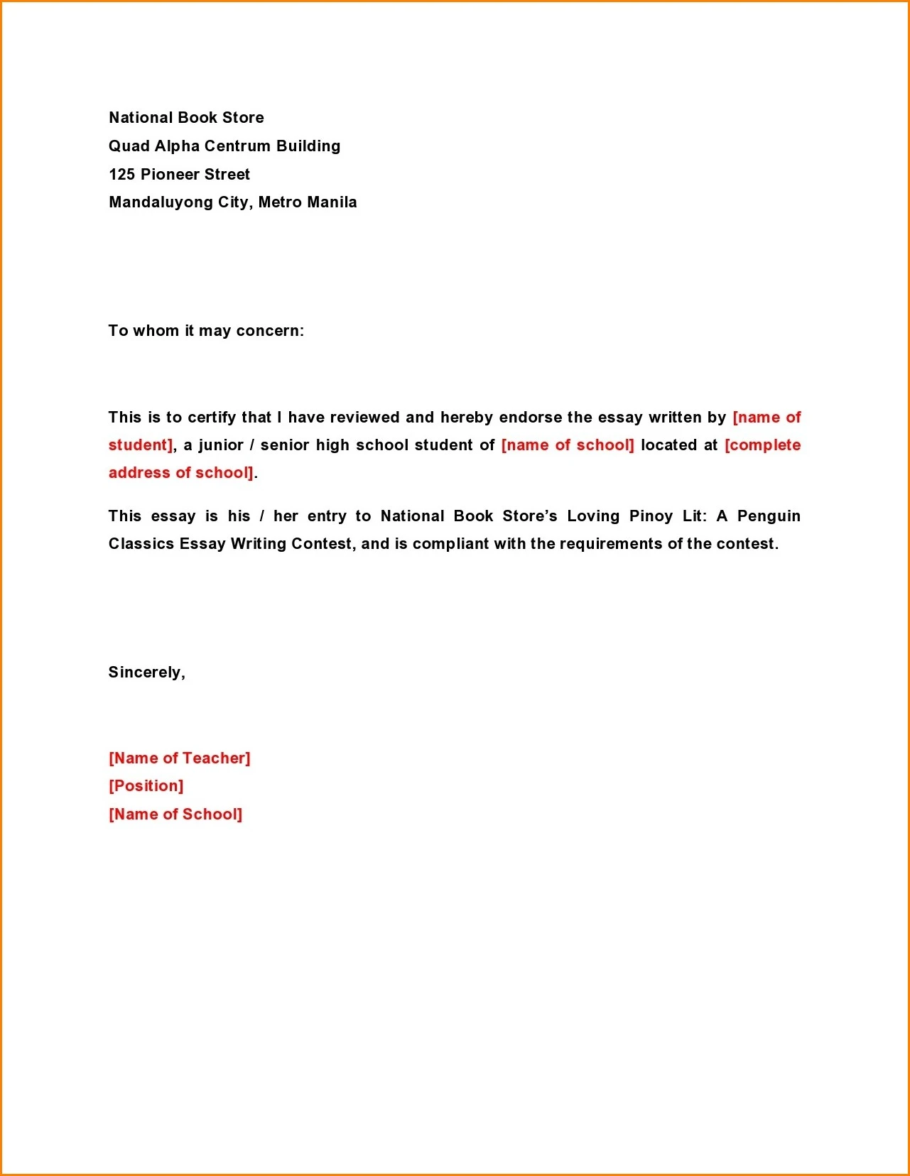 Letter of Endorsement Template Sample