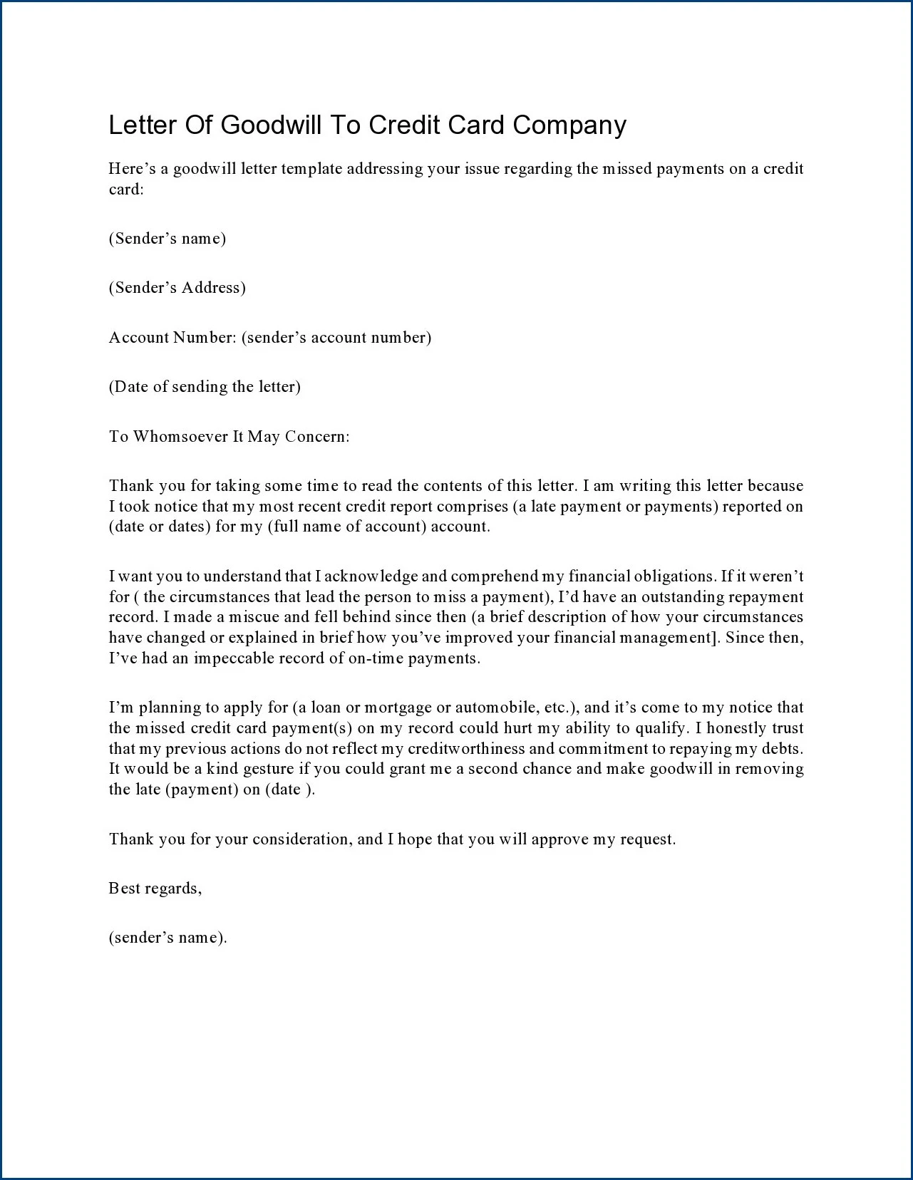Letter of Goodwill Template Example