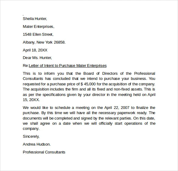 Letter of Intent to Purchase a Business Example