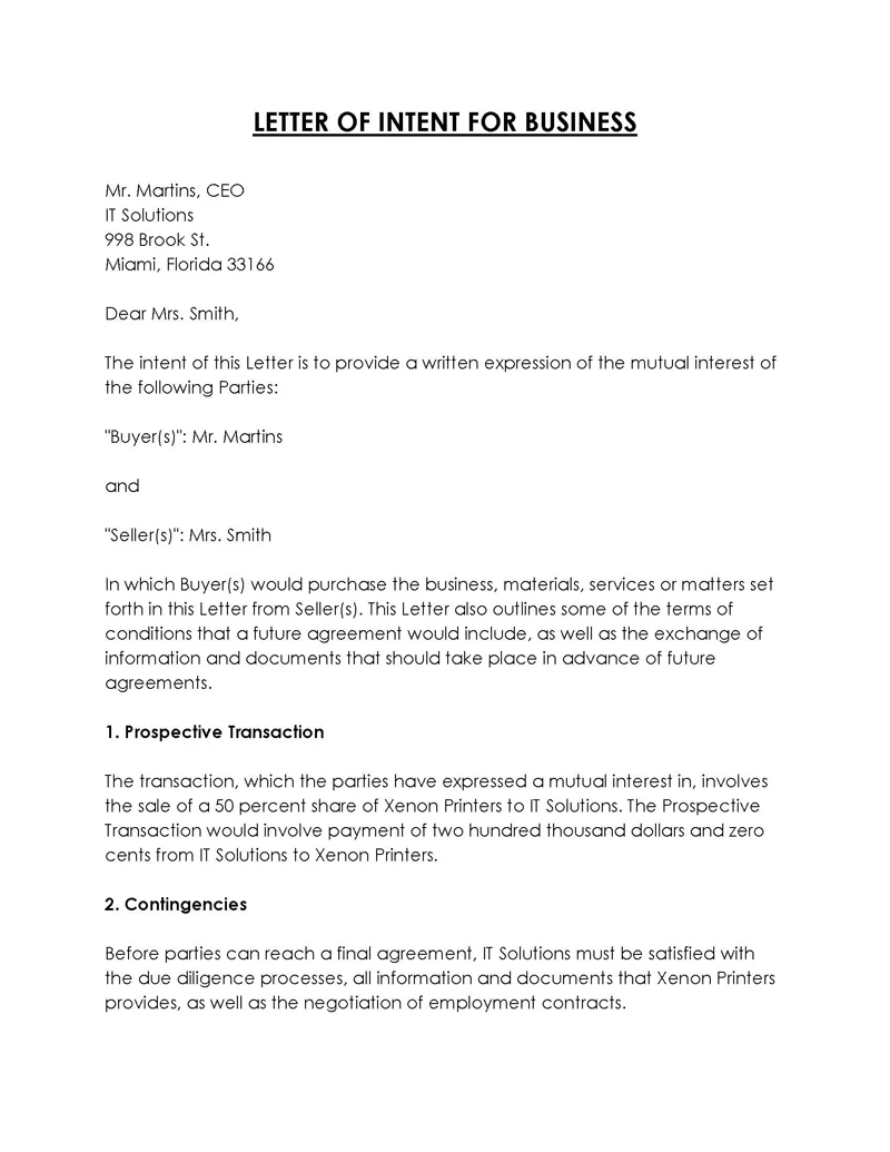Letter of Intent to Purchase a Business Sample