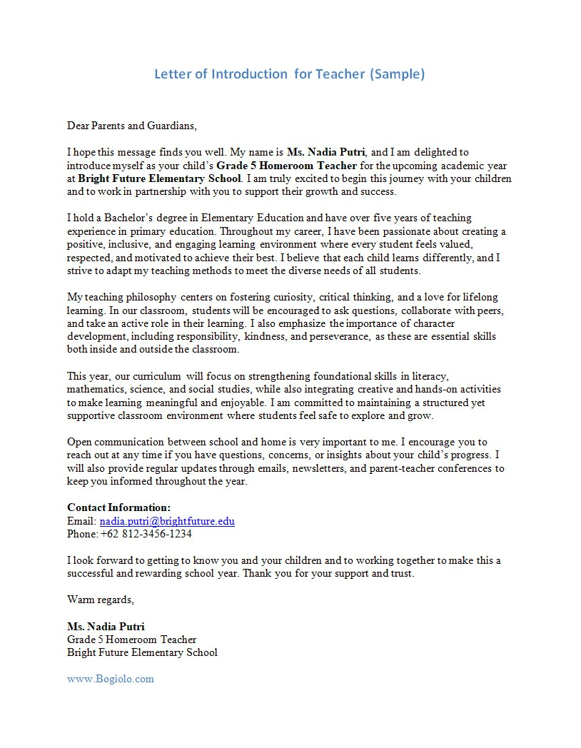 Letter of Introduction for Teacher Letter of Introduction Template for Teacher (Word)