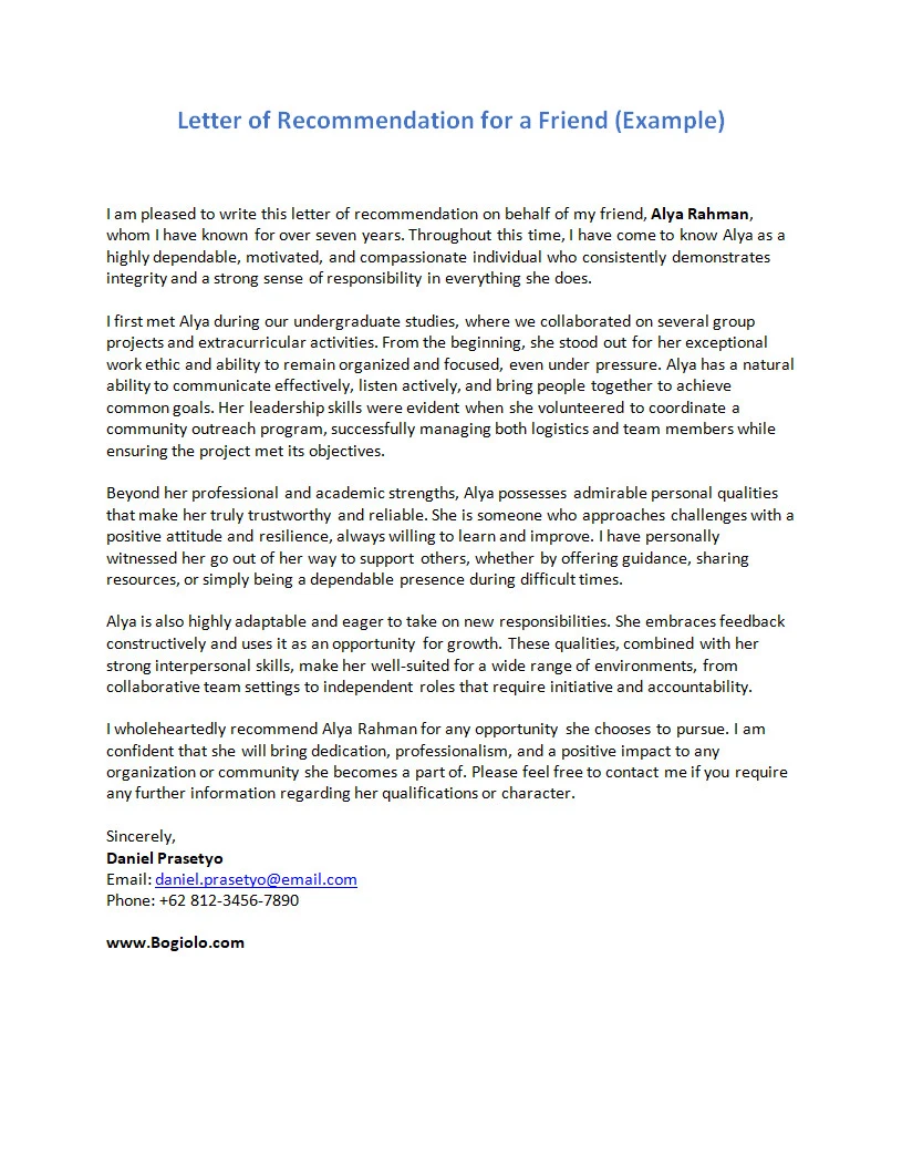 Letter of Recommendation for a Friend Template