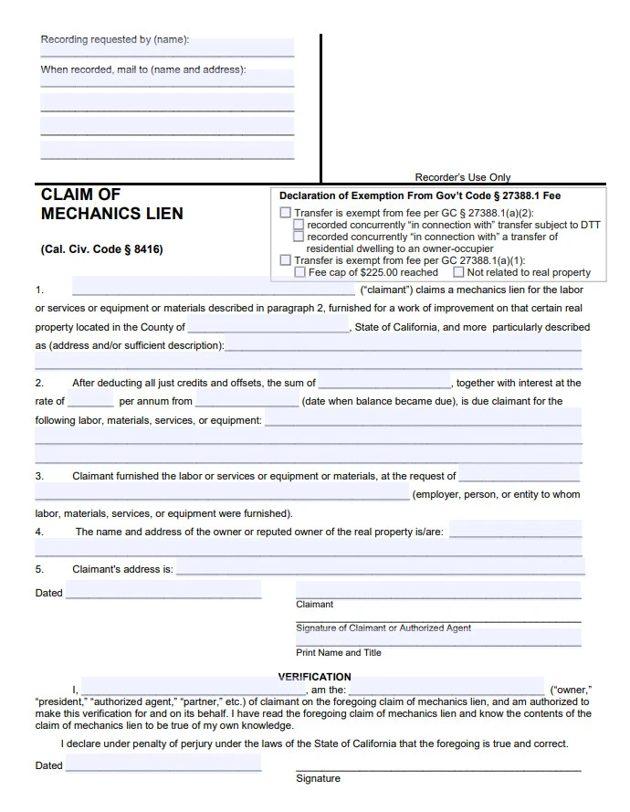 Mechanics Lien Form Template