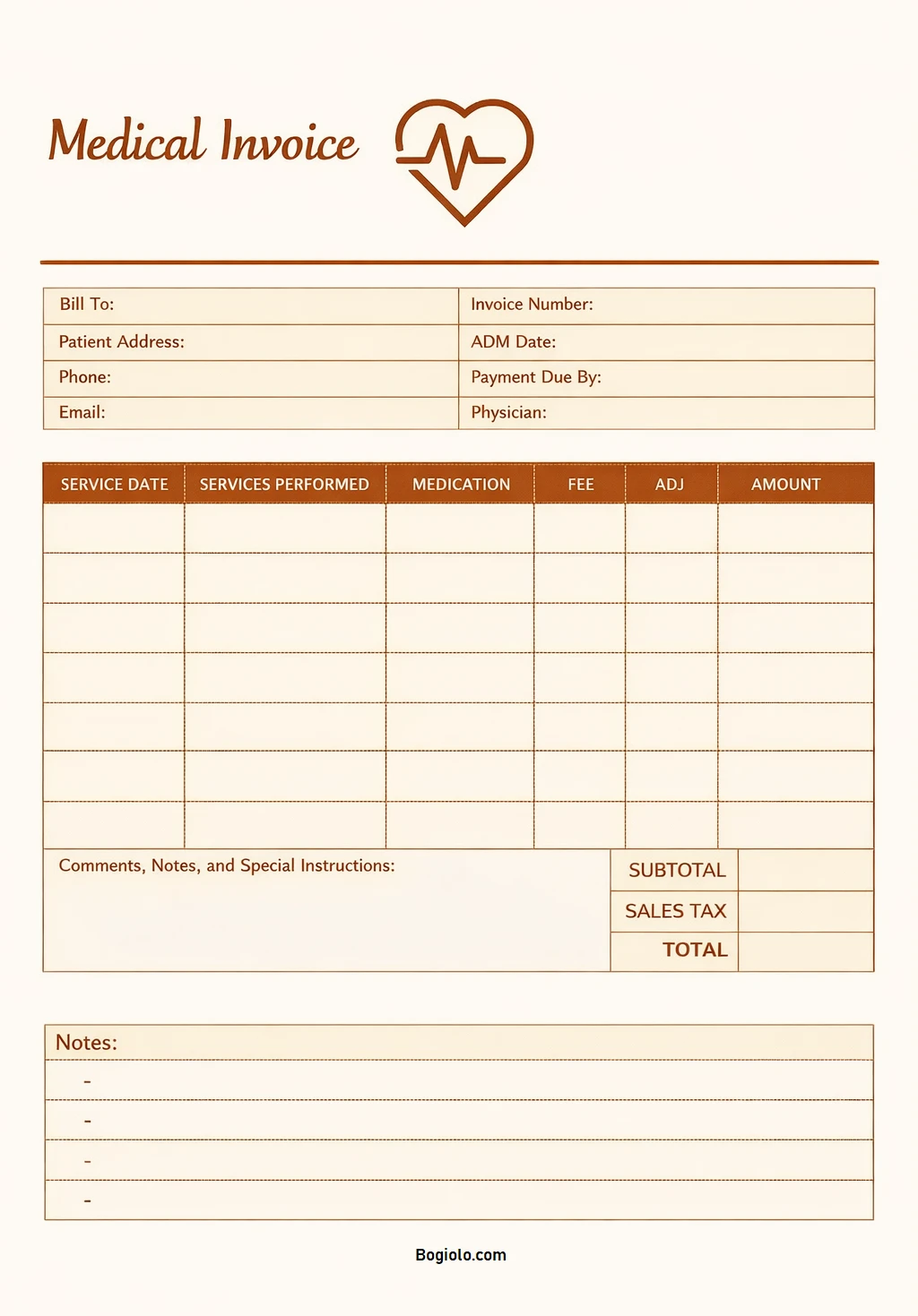 Simple Blank Medical Invoice Template